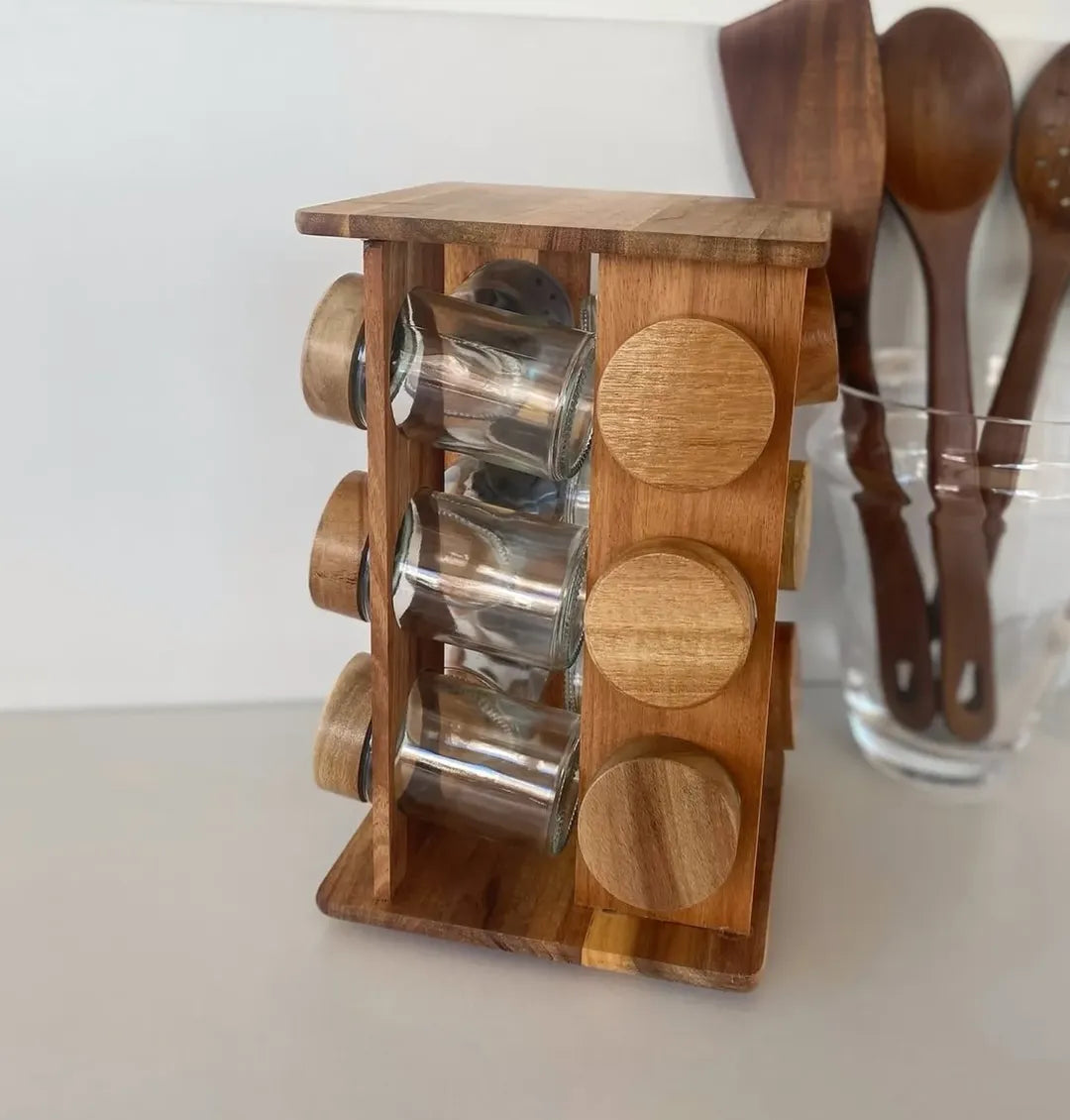 Natural Acacia 12 Piece Spice Set with Rotating Stand