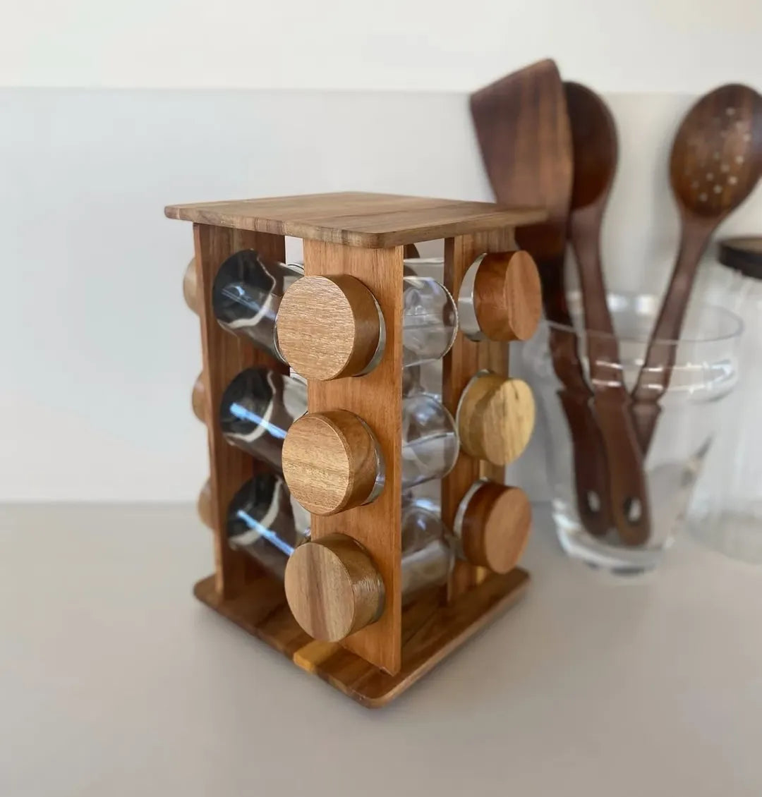 Natural Acacia 12 Piece Spice Set with Rotating Stand
