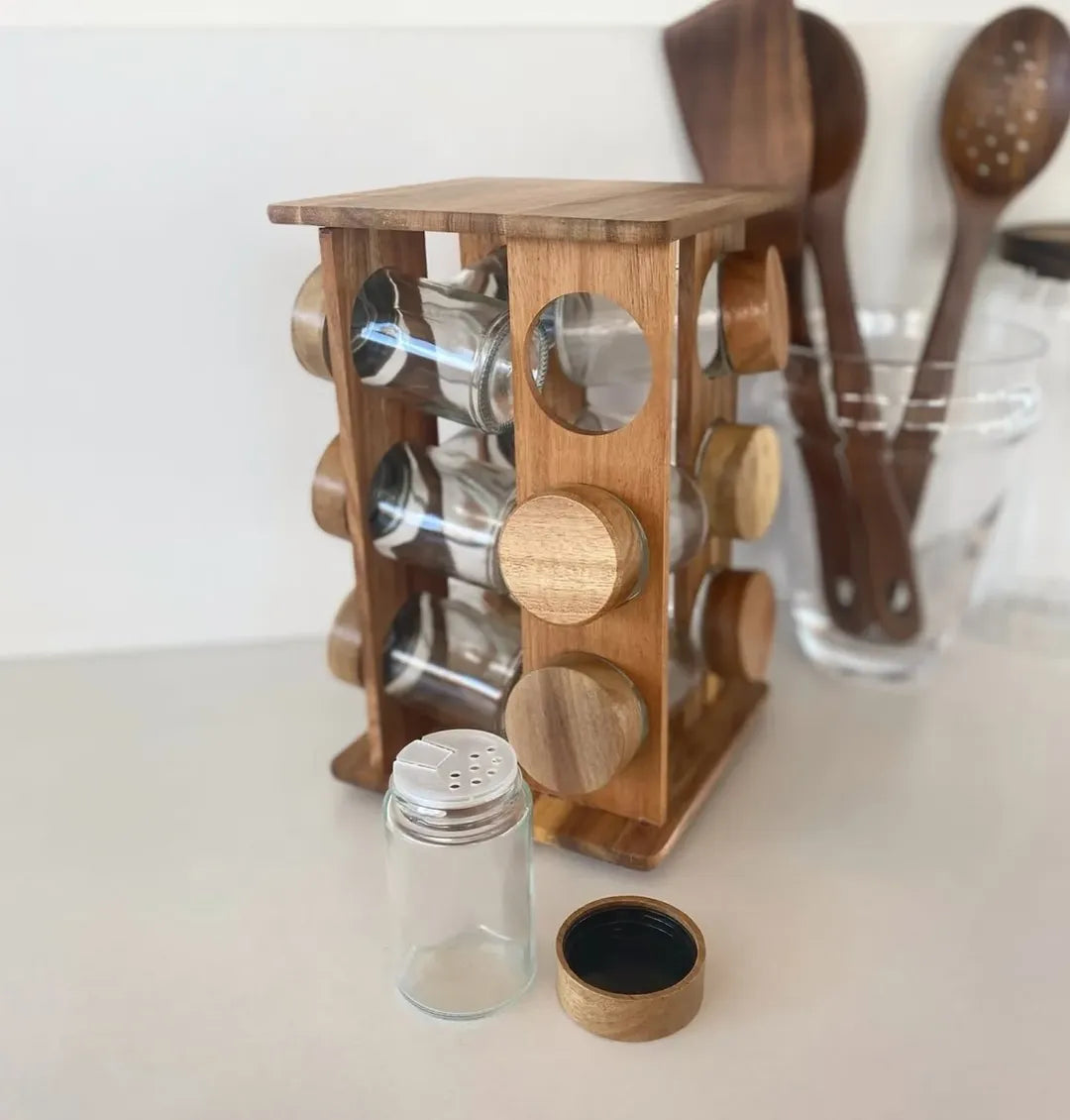 Natural Acacia 12 Piece Spice Set with Rotating Stand