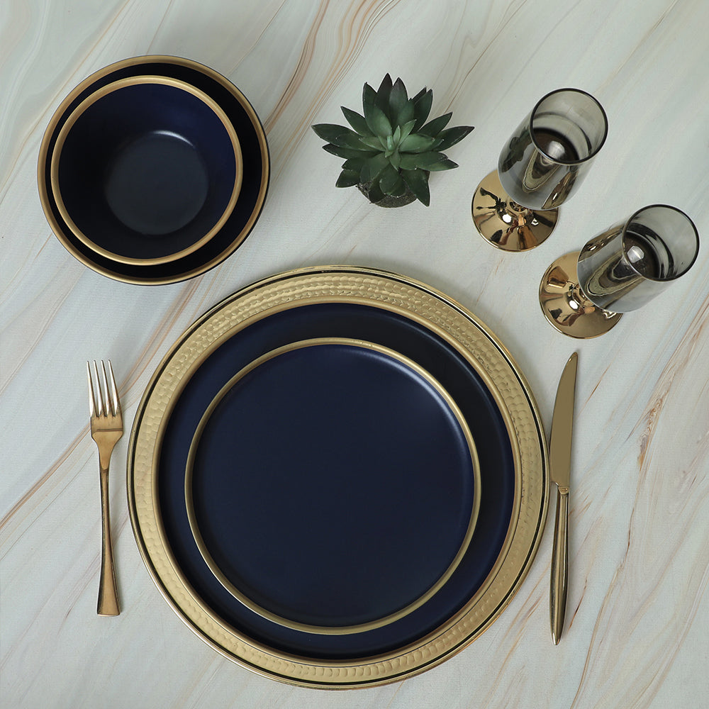 Matte Navy Blue Gold Netted Dining Set 24 Pieces for 6 People
