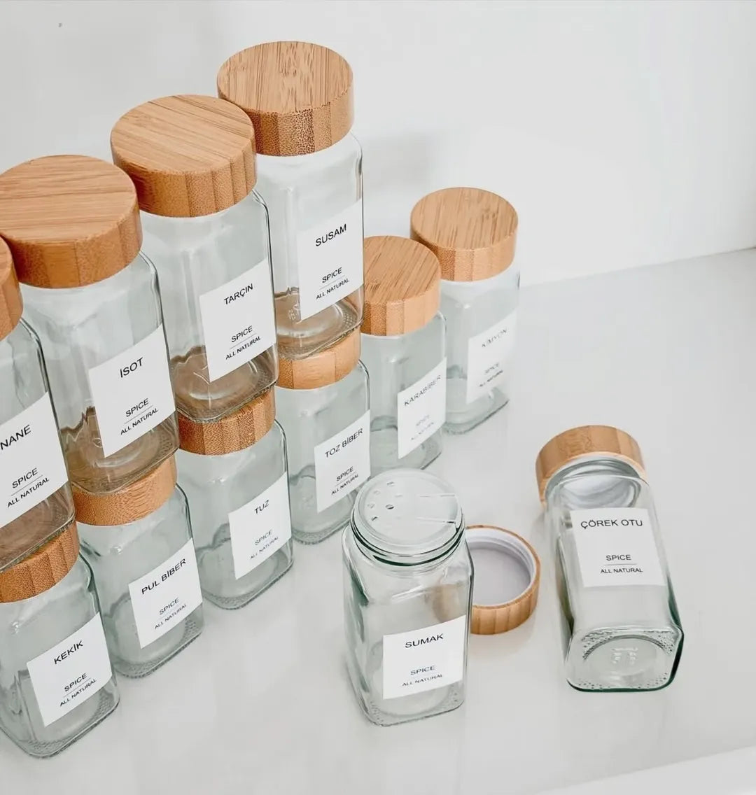 Set of 12 Bamboo Lidded Square Spice Jars