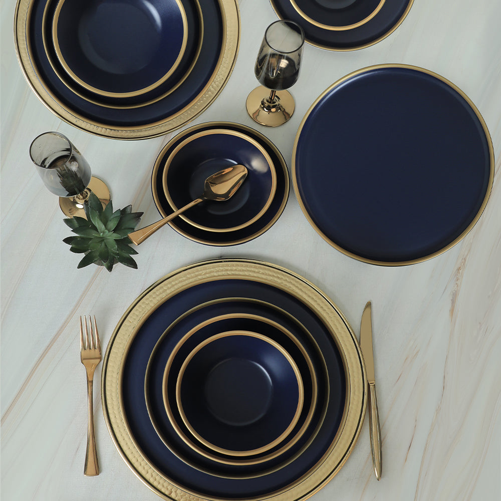 Matte Navy Blue Gold Netted Dining Set 24 Pieces for 6 People