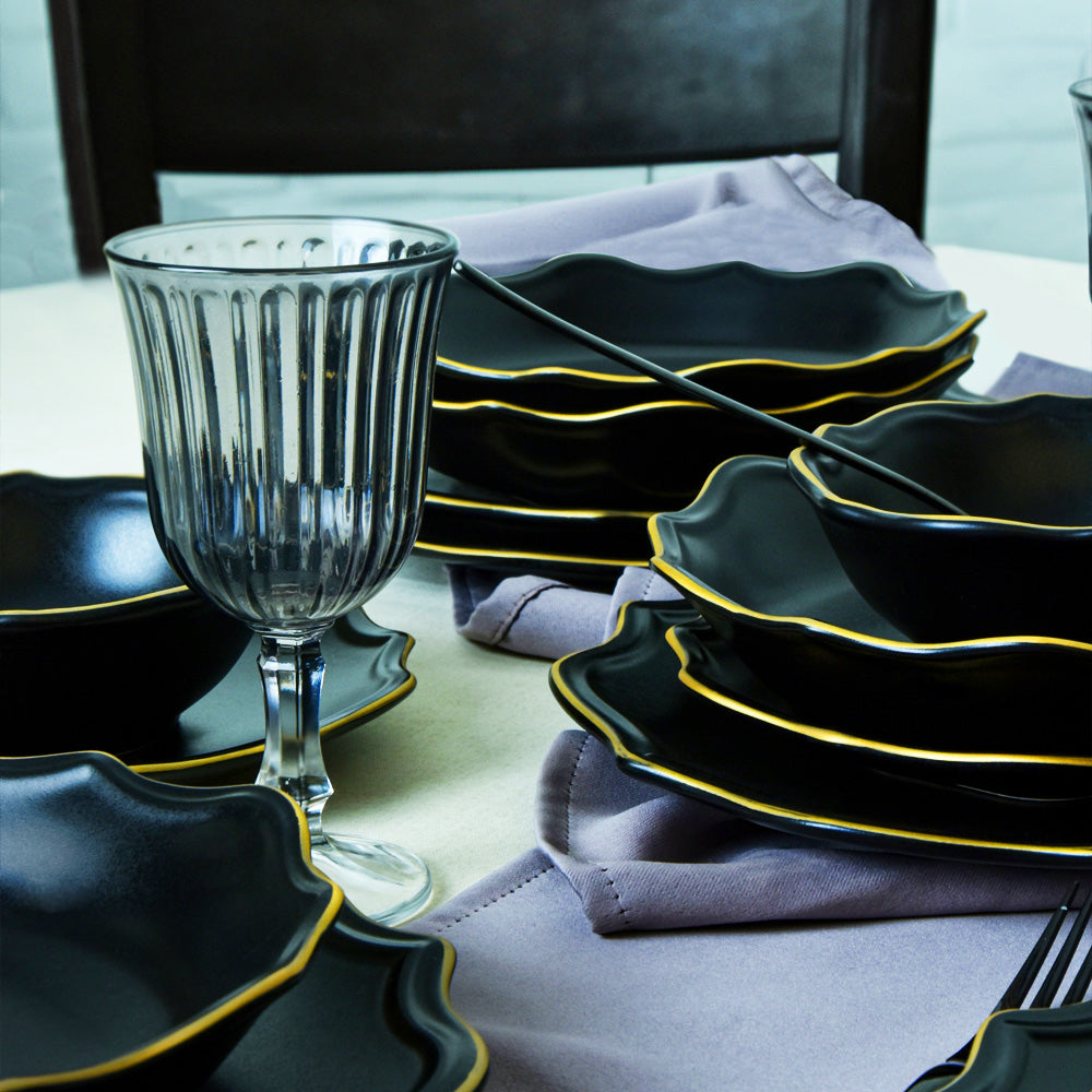 Matte Black Gold Netted Romeo Dining Set 24 Pieces for 6 People