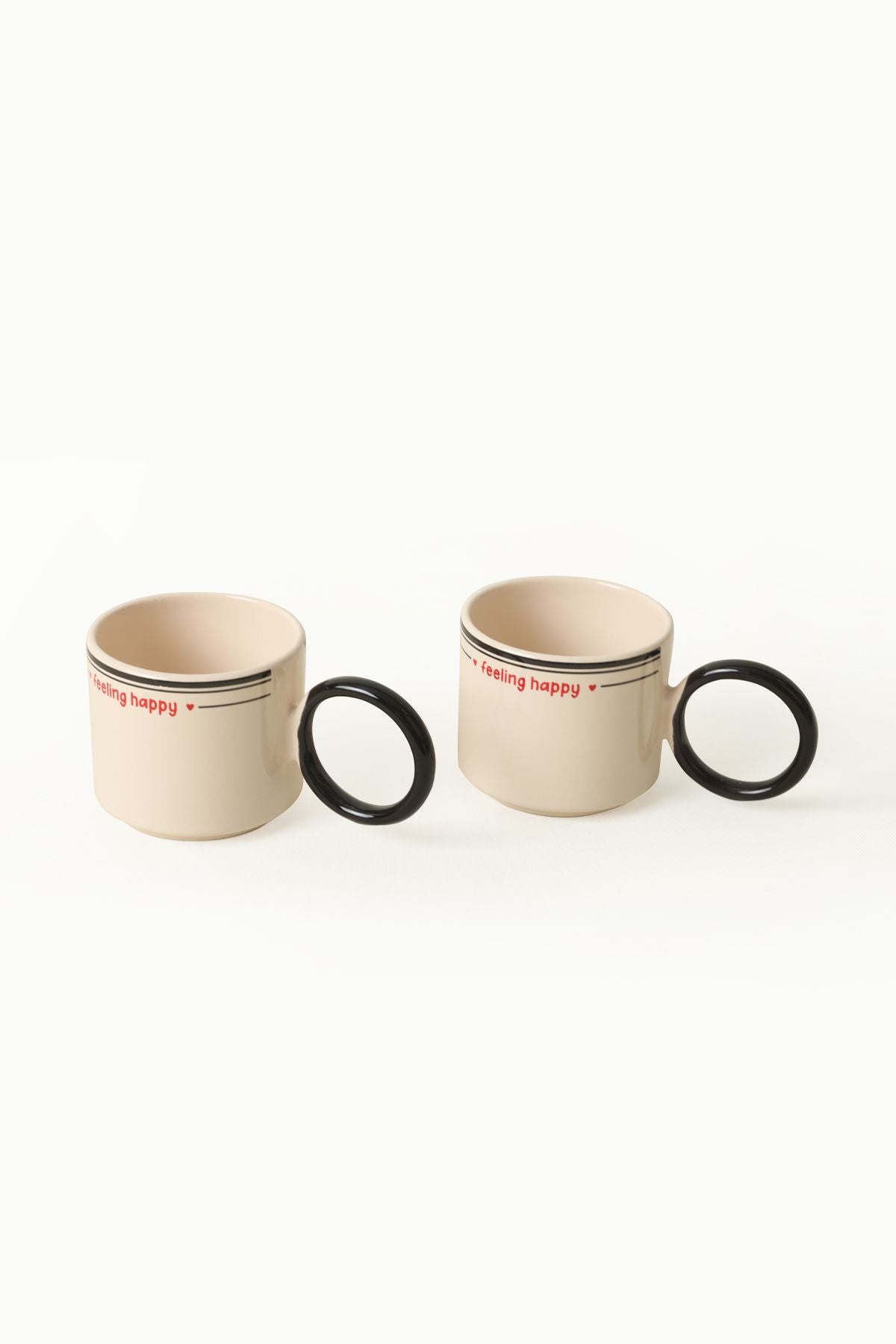 Feeling Happy Black Mugs Stackable Ring Handle Cup 2 Pieces