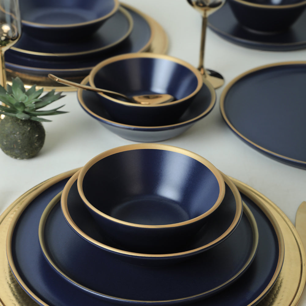 Matte Navy Blue Gold Netted Dining Set 24 Pieces for 6 People
