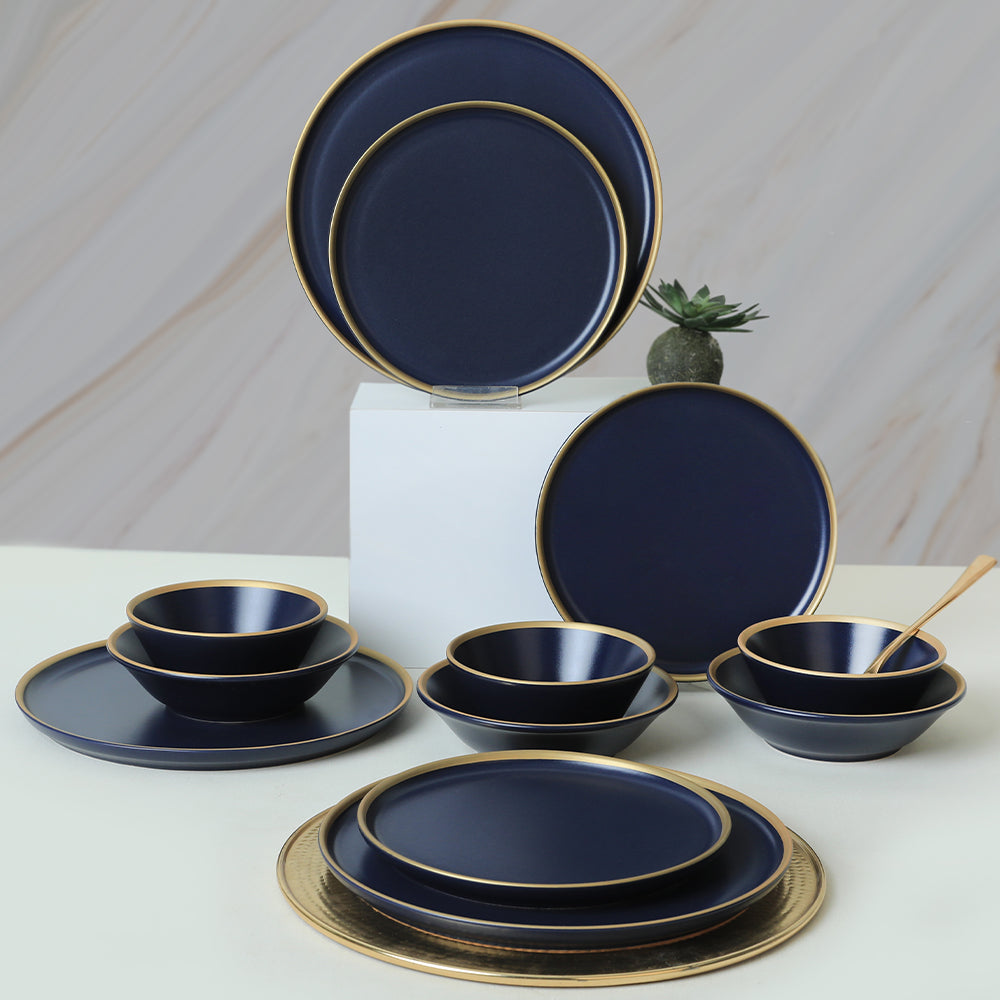 Matte Navy Blue Gold Netted Dining Set 24 Pieces for 6 People