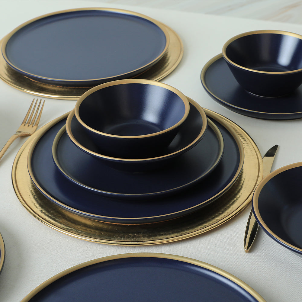 Matte Navy Blue Gold Netted Dining Set 24 Pieces for 6 People
