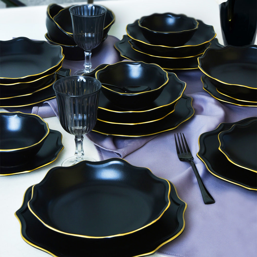 Matte Black Gold Netted Romeo Dining Set 24 Pieces for 6 People