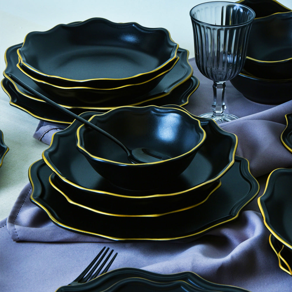 Matte Black Gold Netted Romeo Dining Set 24 Pieces for 6 People