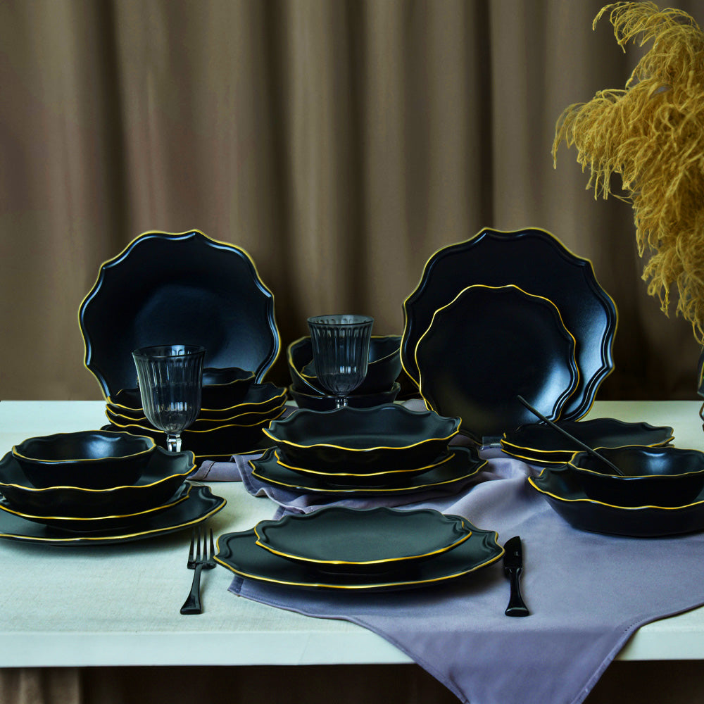 Matte Black Gold Netted Romeo Dining Set 24 Pieces for 6 People