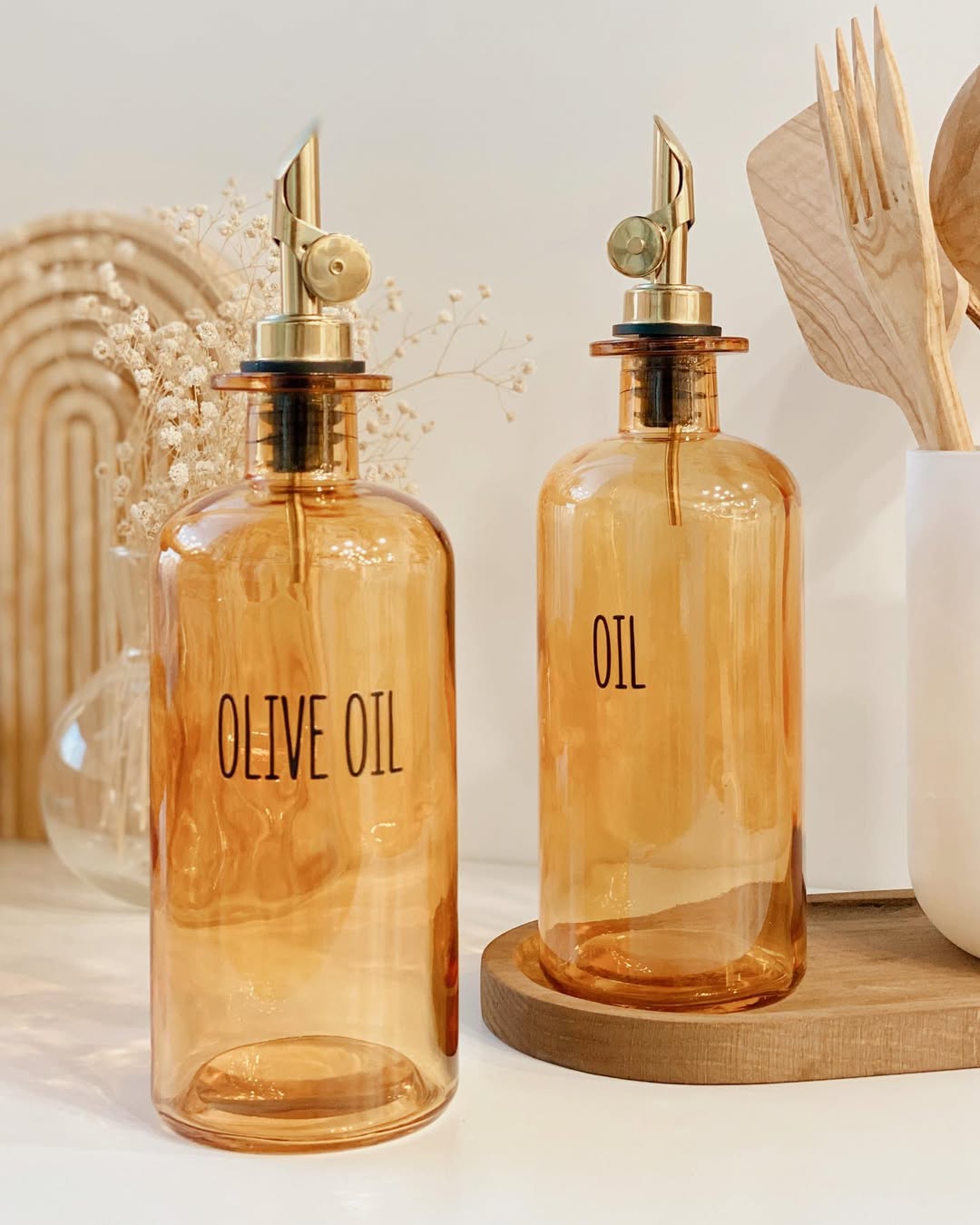 2 Piece Amber Crystal Glass Oil Set