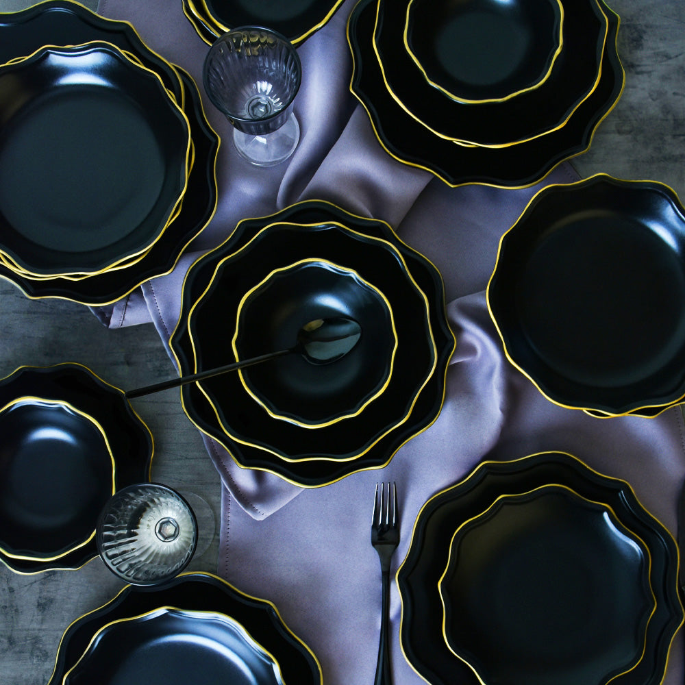 Matte Black Gold Netted Romeo Dining Set 24 Pieces for 6 People
