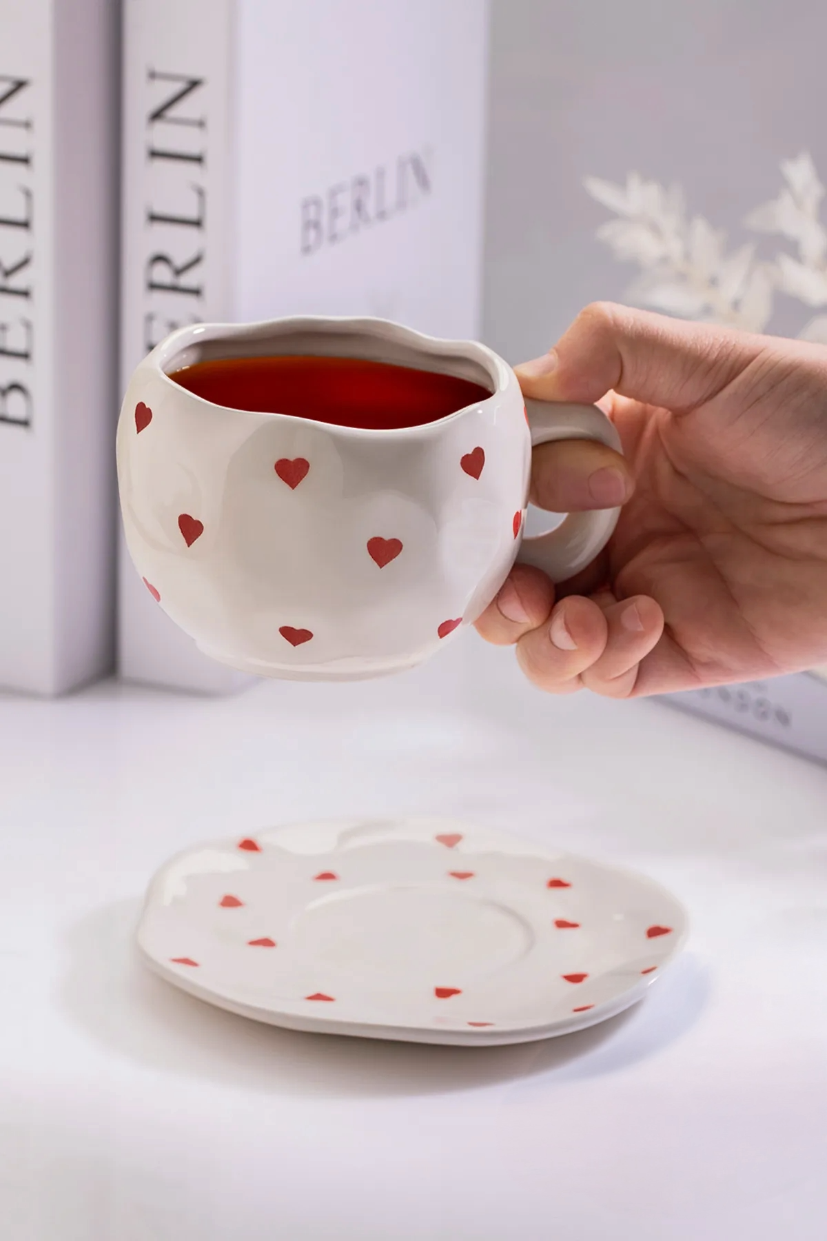 Handmade Ceramic Red Hearts Coffee Cup