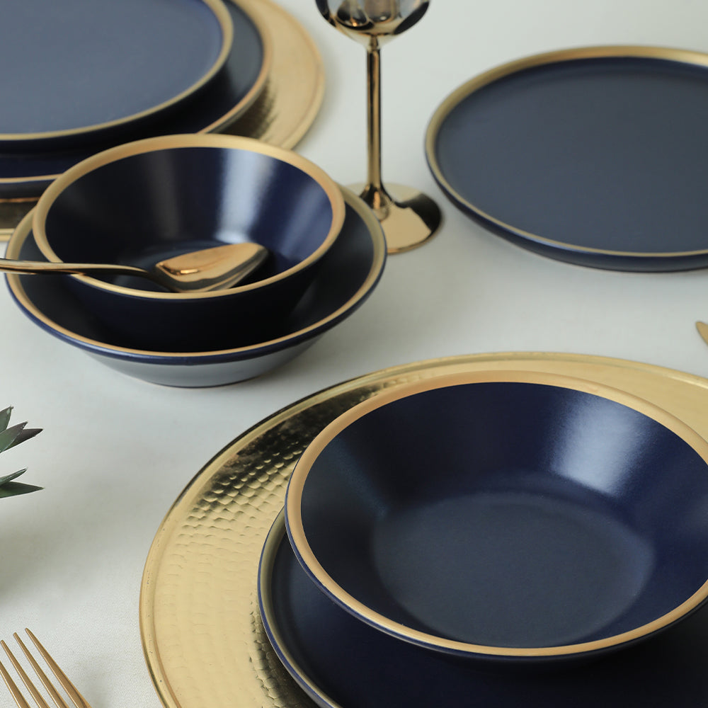 Matte Navy Blue Gold Netted Dining Set 24 Pieces for 6 People