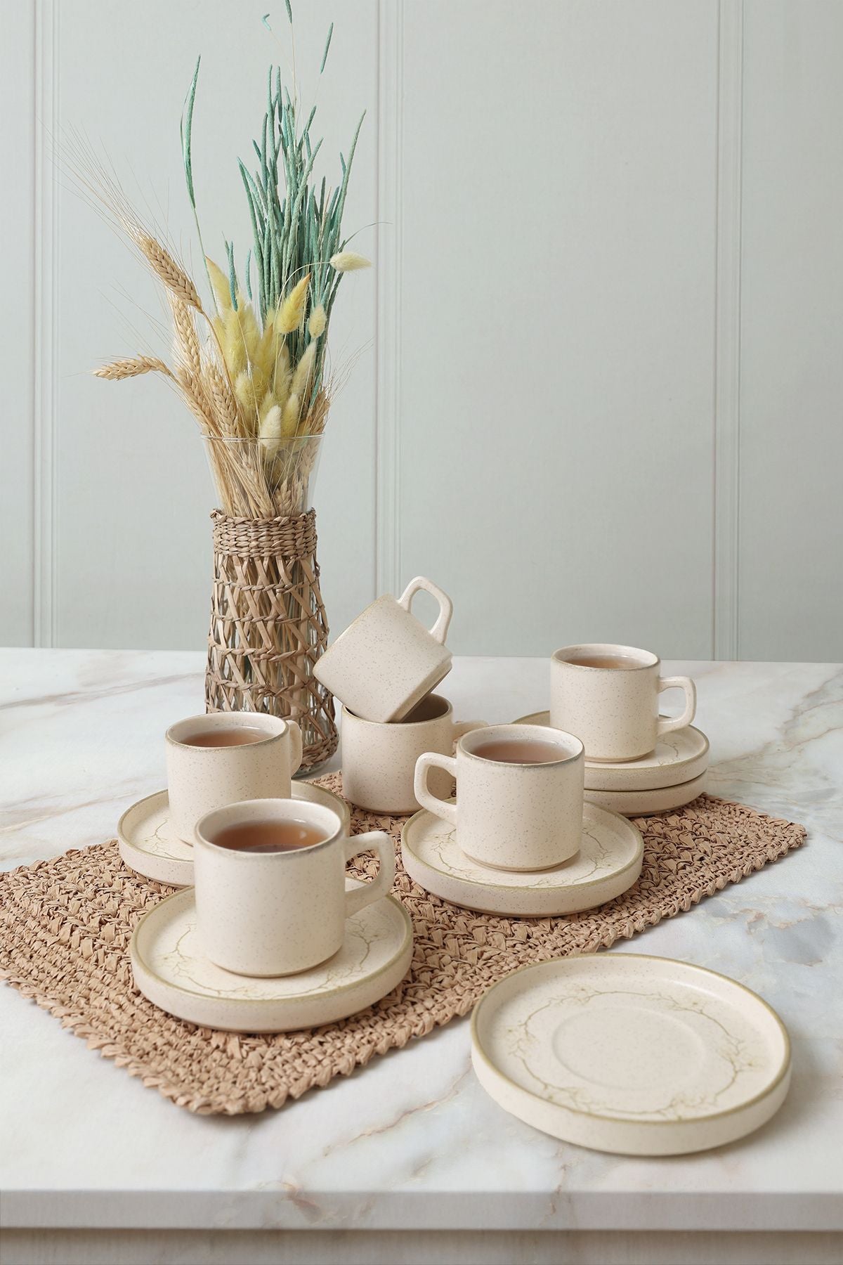 Taupe Bloom Stackable Tea Set 12 Pieces for 6 People
