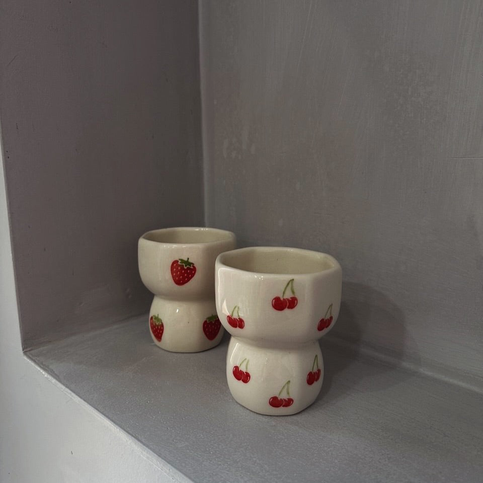 Set of 2 Handmade Ceramic Strawberry & Cherry Mug / Cup