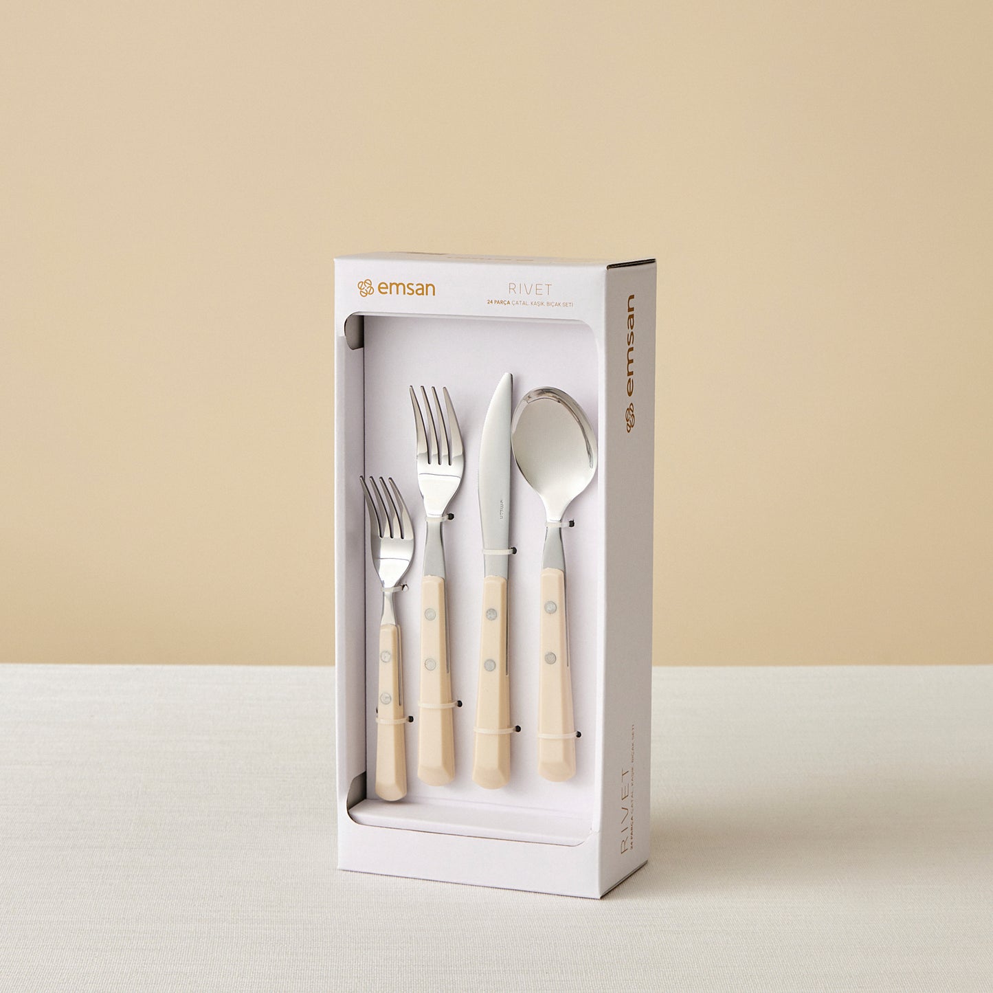 Emsan Rivet 24-Piece 6-Person Cutlery Set - Cream