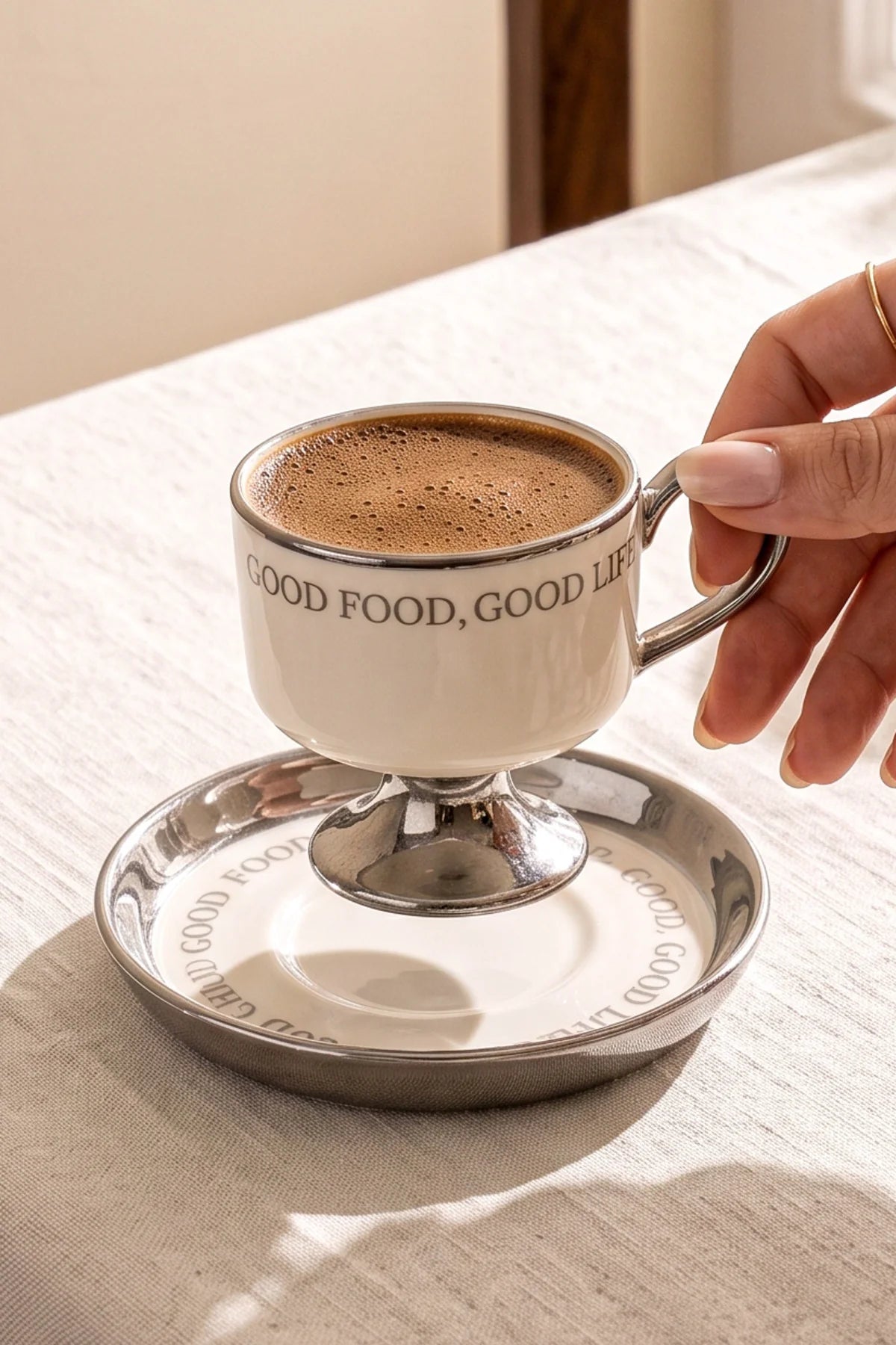 Motto Porcelain Footed 4-Piece Coffee Cup Set for 2 People