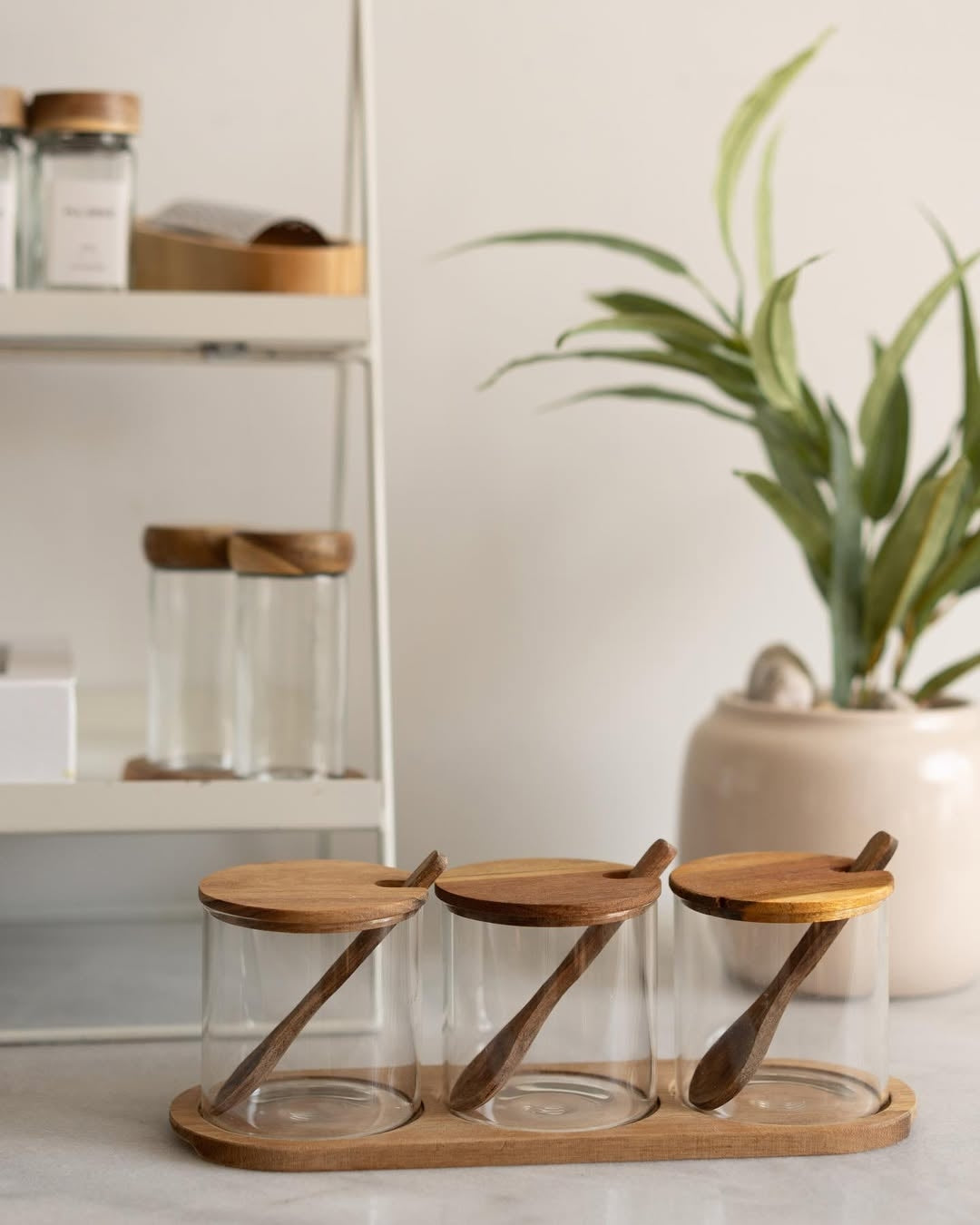 3 Piece Accacia Stand Jars with spoons