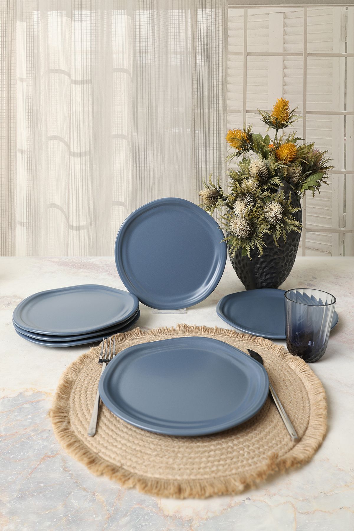 Matte Blue Bloom Cake Plate 24 Cm 6 Pieces