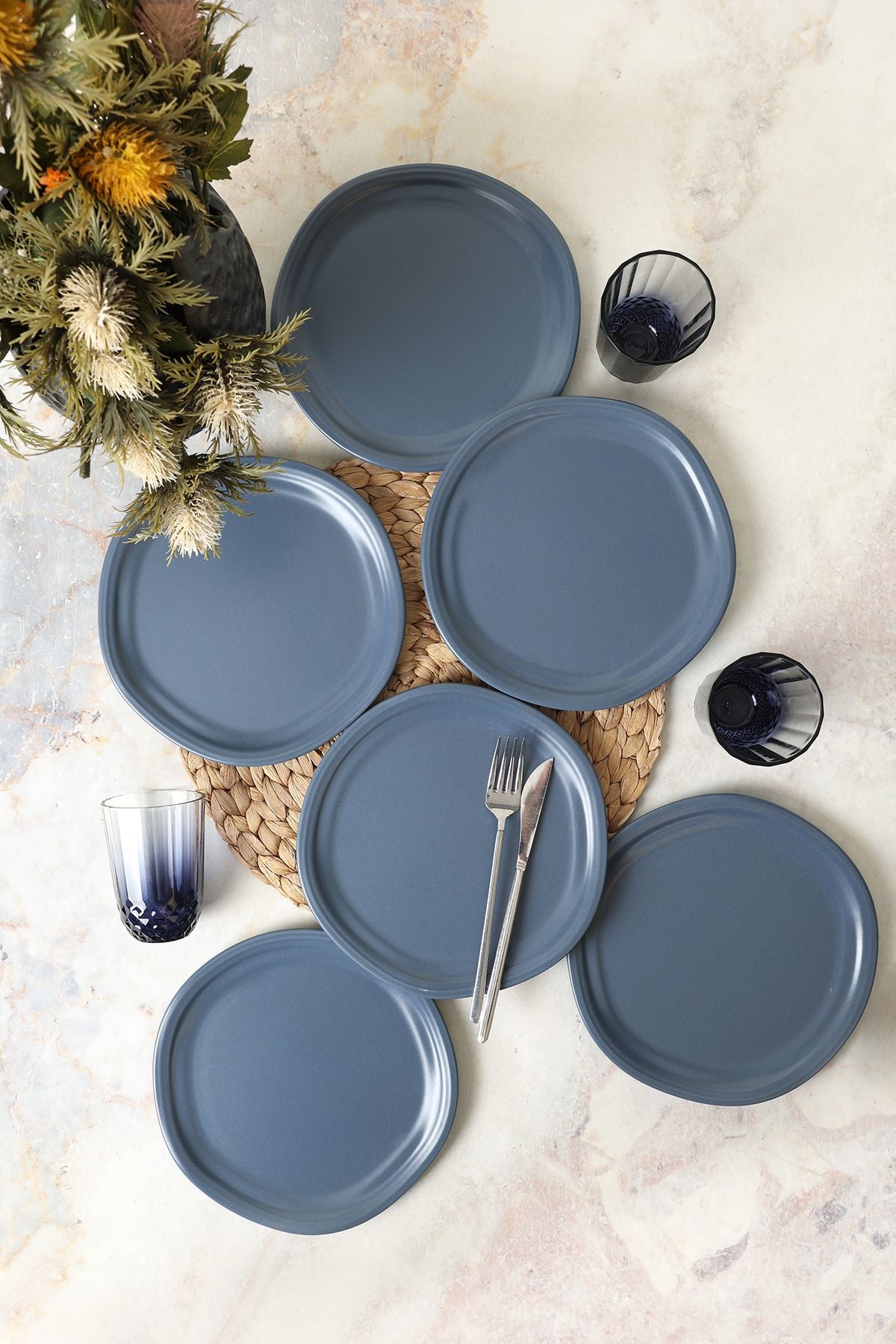 Matte Blue Bloom Cake Plate 24 Cm 6 Pieces