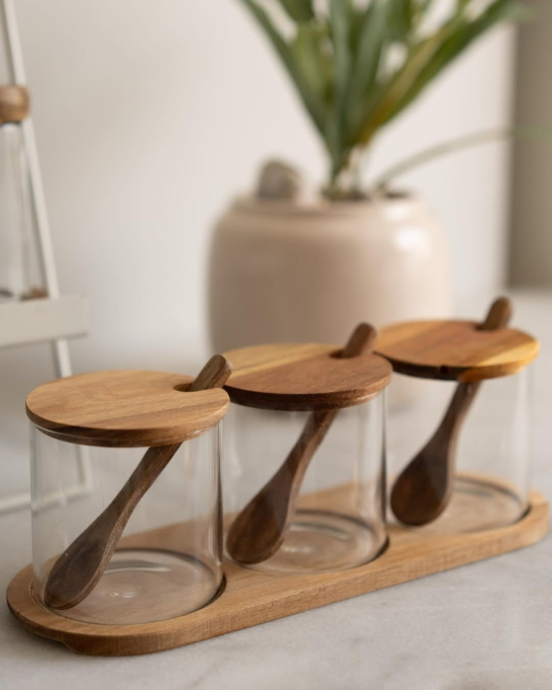 3 Piece Accacia Stand Jars with spoons