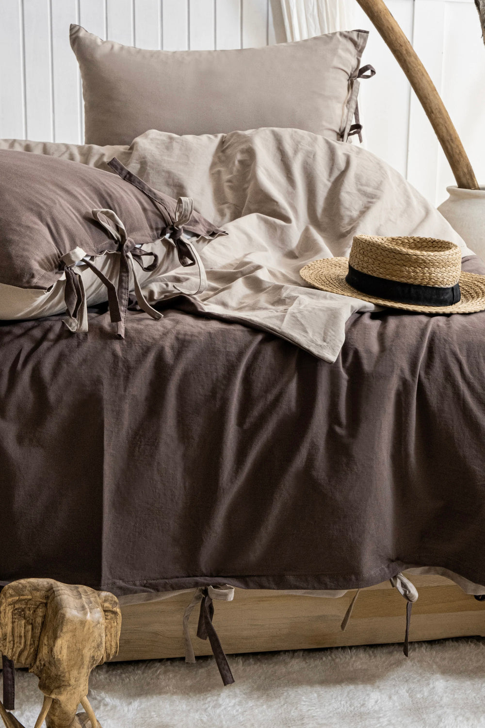 Colorful Washed Cotton Duvet Cover Set – Chocolate Brown & Beige