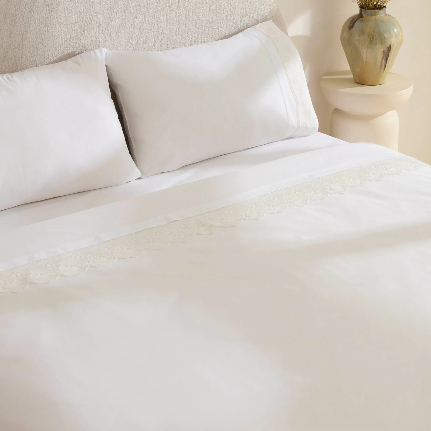 Teora 100% Cotton Lace Double Duvet Cover Set White