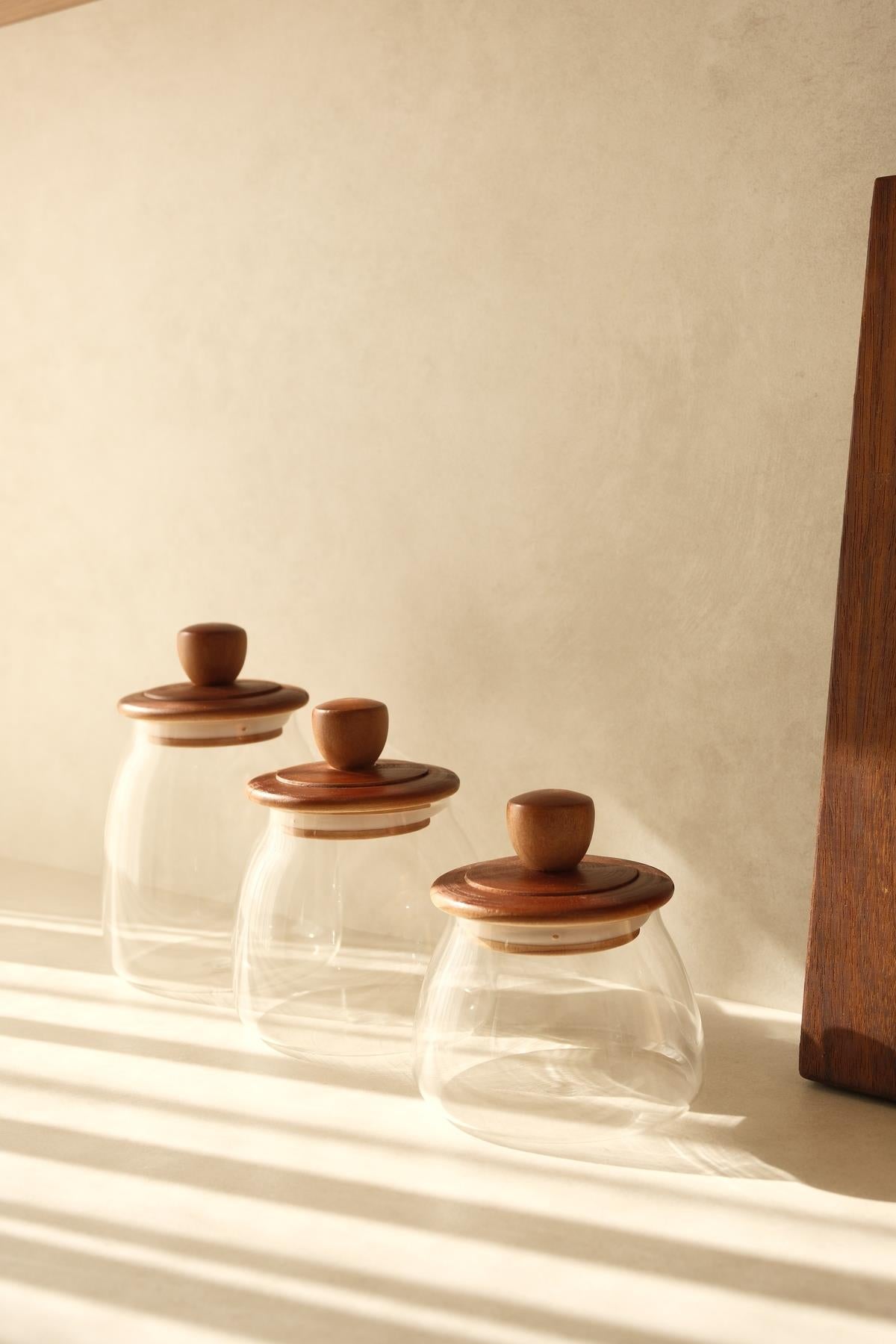 Conical Acacia Glass Storage Jar