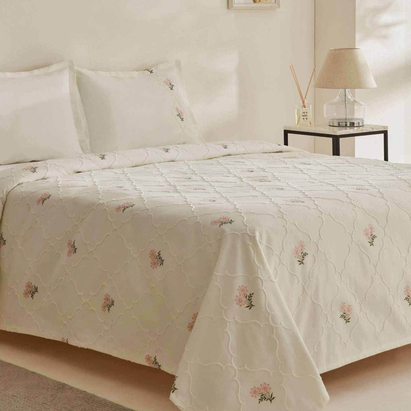 Myra Floral Embroidered Double Bedspread, Ecru