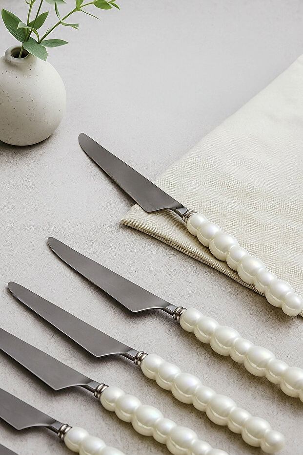 Modern White Pearl Set of 6 Dinner Knive Set - Silver