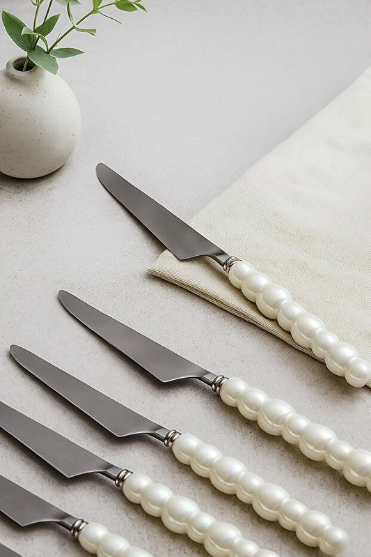 Modern White Pearl Set of 6 Dinner Knive Set - Silver