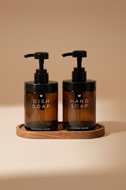 Amber Glass 250 ml Soap Dispenser 2 Piece Set with Wooden Stand