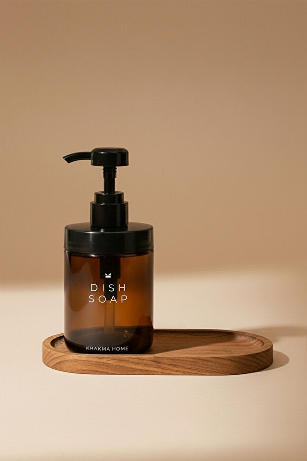 Amber Glass 250 ml Soap Dispenser 2 Piece Set with Wooden Stand