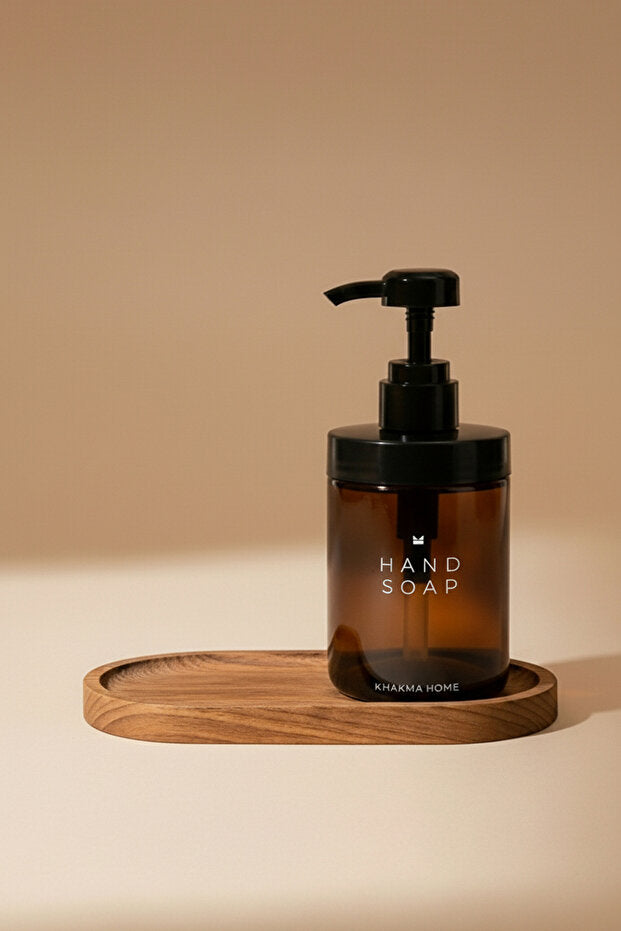 Amber Glass 250 ml Soap Dispenser 2 Piece Set with Wooden Stand