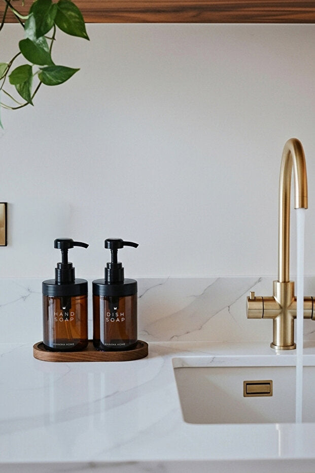 Amber Glass 250 ml Soap Dispenser 2 Piece Set with Wooden Stand