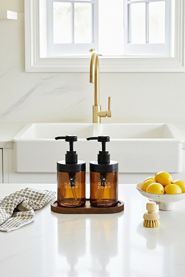 Amber Glass 250 ml Soap Dispenser 2 Piece Set with Wooden Stand