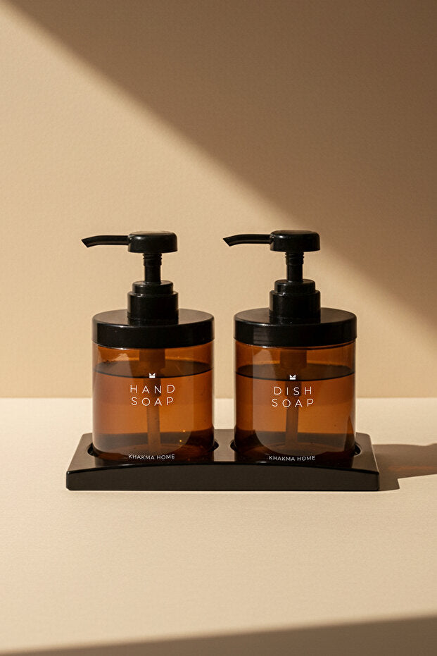 Amber Glass 250 ml Soap Dispenser 2 Piece Set with Black Stand