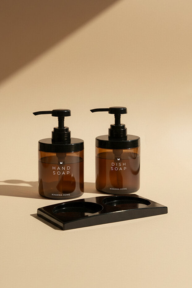Amber Glass 250 ml Soap Dispenser 2 Piece Set with Black Stand