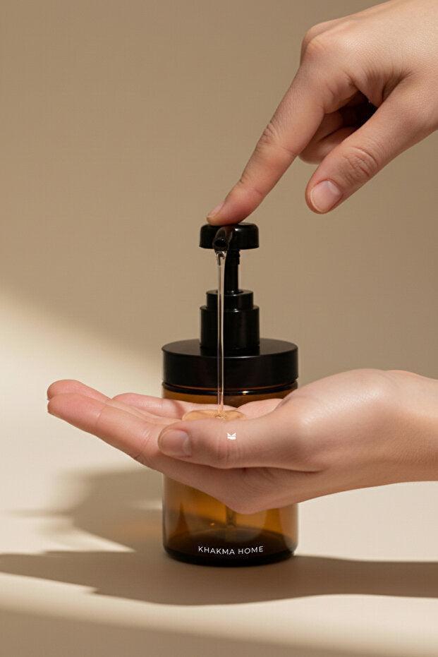 Amber Glass 250 ml Soap Dispenser 2 Piece Set with Black Stand