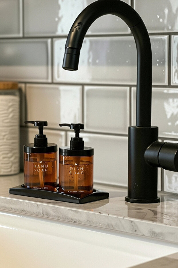Amber Glass 250 ml Soap Dispenser 2 Piece Set with Black Stand