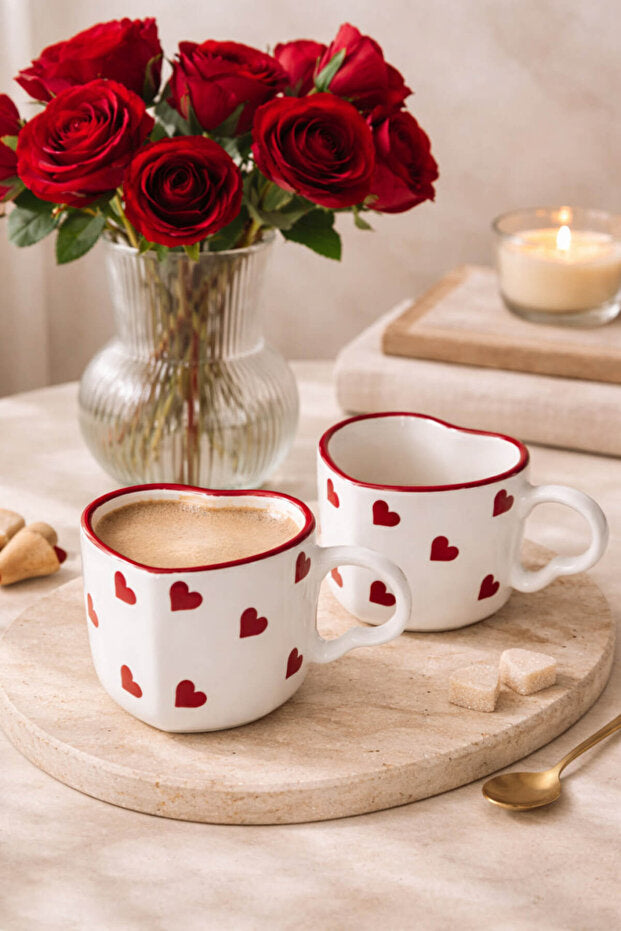 6 Piece Handmade Ceramic Red Hearts Mug / Cup