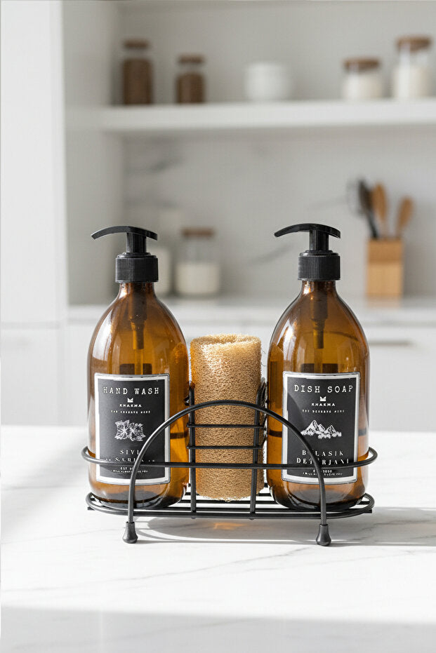 Amber Glass 500 ml Soap Dispenser 2 Piece Set with Metal Stand