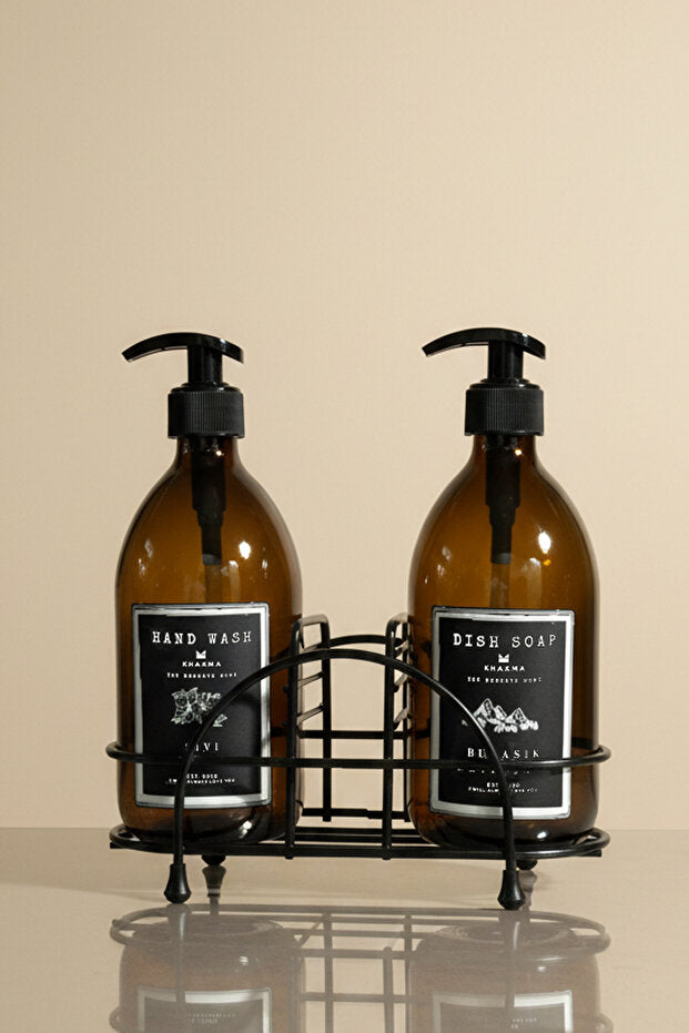Amber Glass 500 ml Soap Dispenser 2 Piece Set with Metal Stand