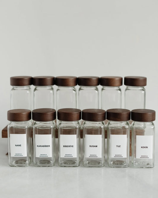 Set of 12 Dark Acacia Lidded Square Spice Jars