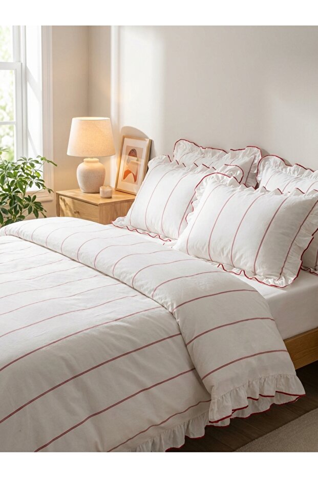 Ruffled Red Striped Double Duvet Cover Set