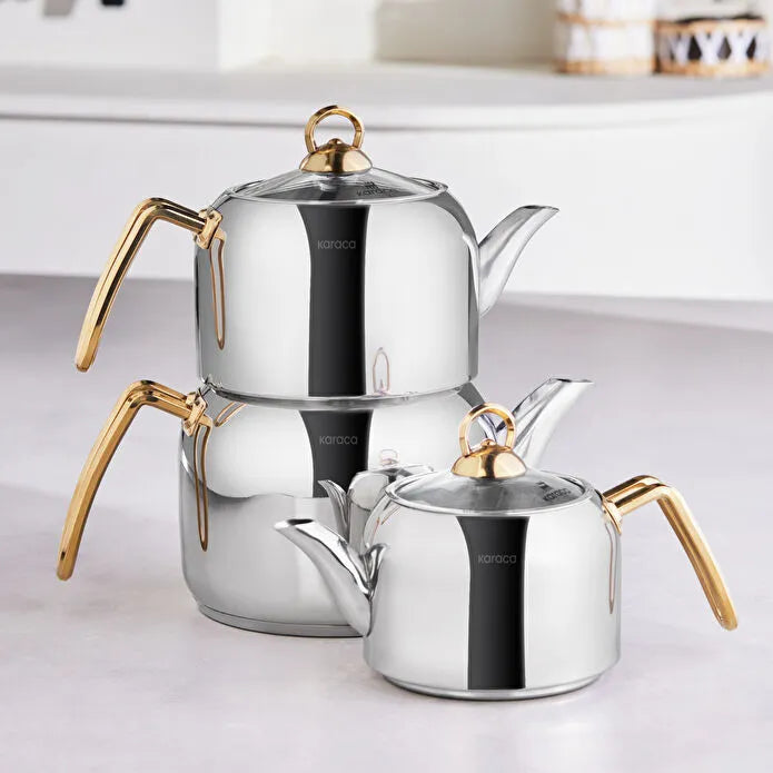 Tres Metal Teapot Set of 3 with Induction Base Gold