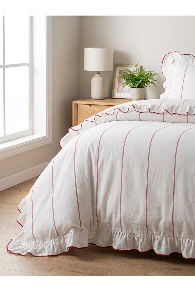 Ruffled Red Striped Double Duvet Cover Set