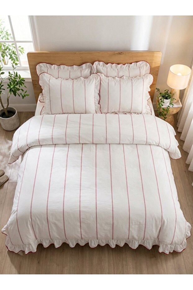 Ruffled Red Striped Double Duvet Cover Set