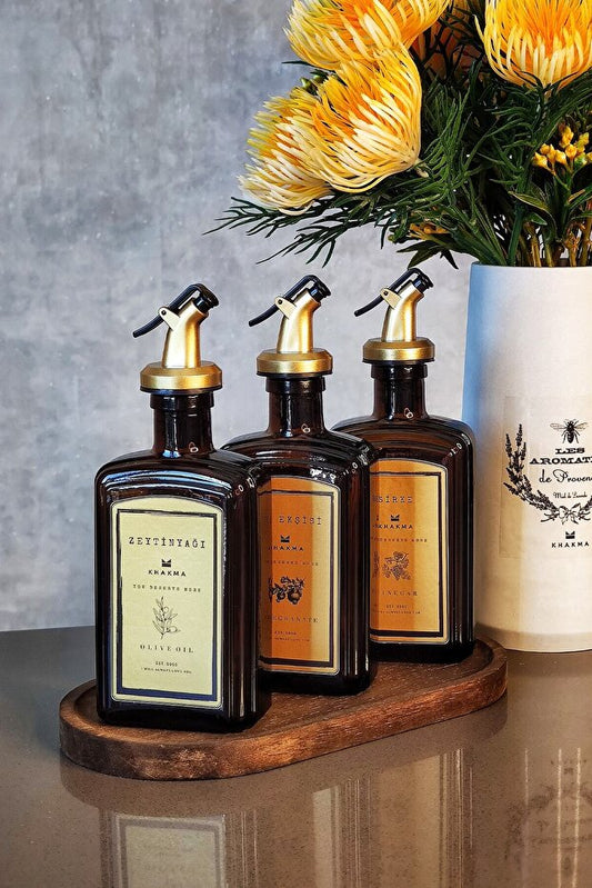 Black Amber 3 Piece Italian Olive Set with Wooden Stand